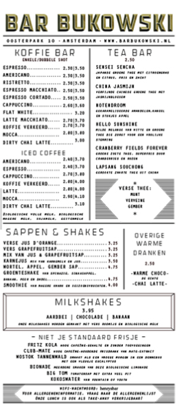 De menukaart van Bar Bukowski met losse thee van Tea Bar