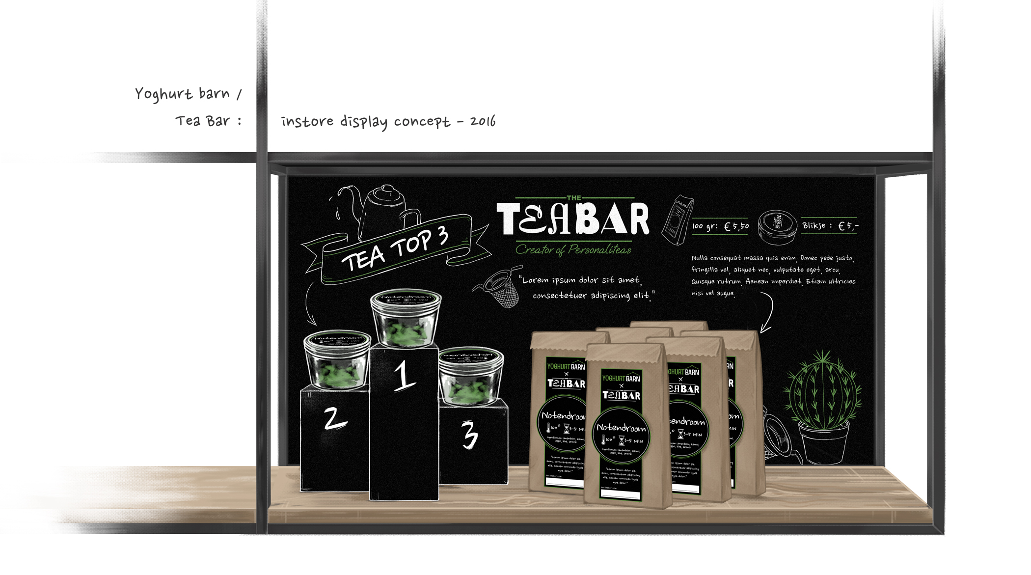 Schets van Tea Bar thee in de Yoghurt Barn schets van Tea Bar thee verkopen in potjes en zakjes bij Yoghurt Barn