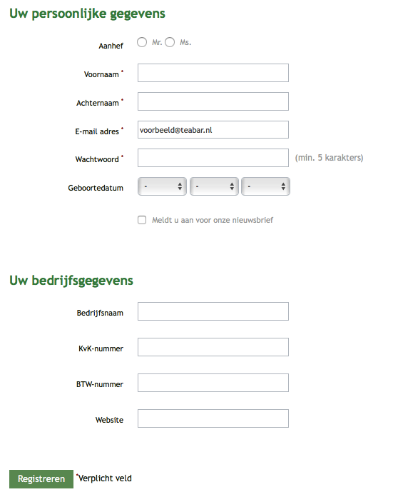 Aanmaken zakelijk account - deze gegevens zijn noodzakelijk voorbeeld screenshot van registratie moment